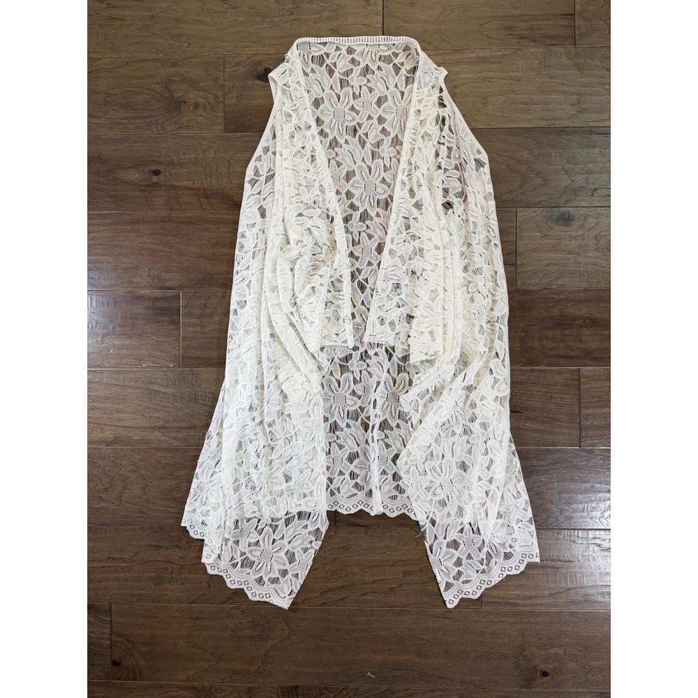 Womens White Floral Lace Open Front Draped Vest Sleeveless Boho Duster Cardigan
